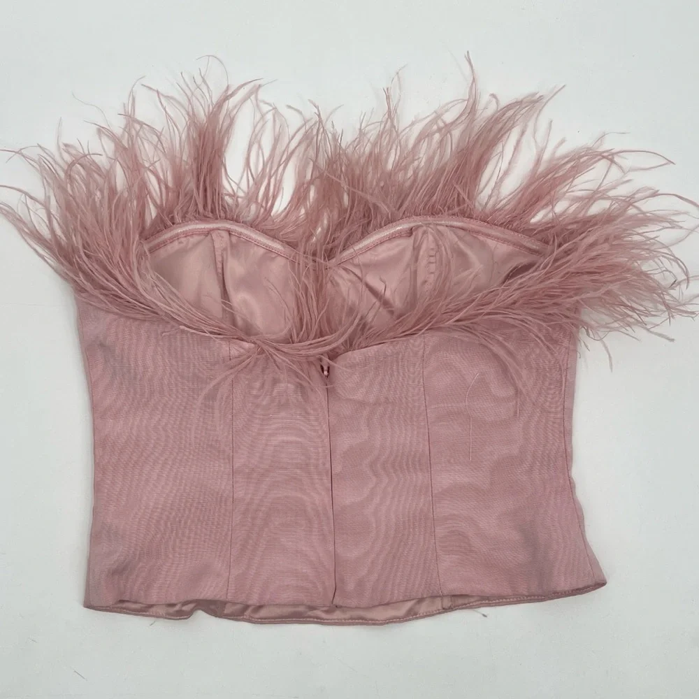 LPA Aida Pink Ostrich Feather Crop Tube Elegant Pink Feathered Women's Top - Picture 3 of 5